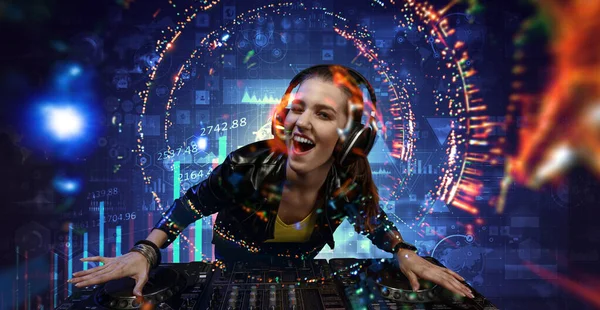 Female dj in nightclub. Mixed media — Stock Photo, Image