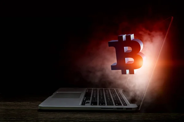 Virtuelle Bitcoin- und Ethereum-Symbole aus dem Laptop-Bildschirm. 3D-Darstellung — Stockbild Kryptowährungsmarkt. Gemischte Medien — Stockfoto
