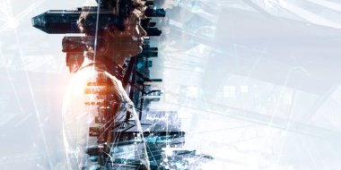 Adam şehir manzarasına karşı. Karışık ortam