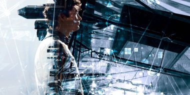 Adam şehir manzarasına karşı. Karışık ortam