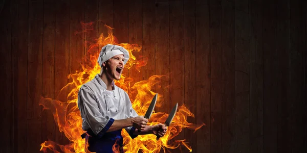 He is crazy about cooking. Mixed media — Stock Photo, Image