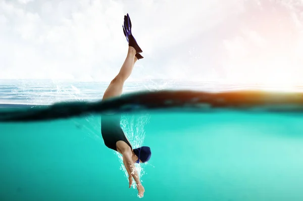 Zwemmer in flippers. Mixed media — Stockfoto