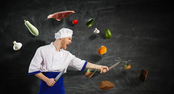 He is crazy about cooking. Mixed media — Stock Photo, Image