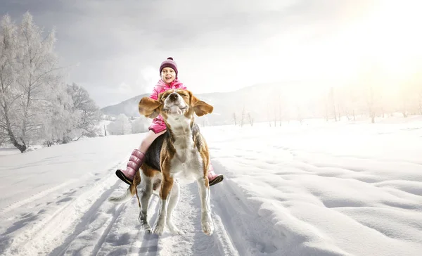 Super hero and her flying dog — Stock Photo, Image