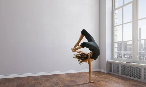 Gymnast girl in jump Mixed media — Stock Photo, Image