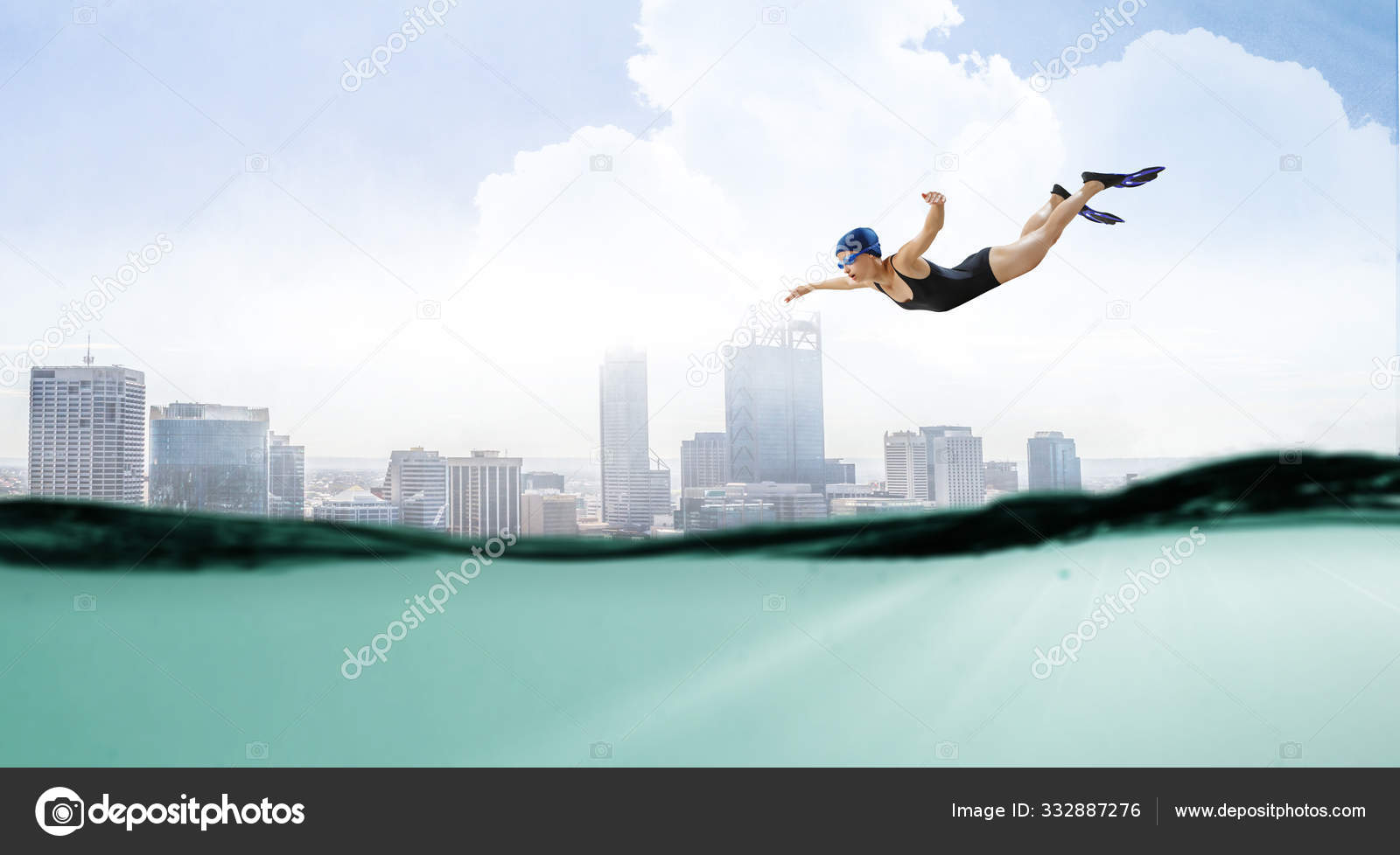 Swimmer in flippers. Mixed media Stock Photo by ©SergeyNivens 332887276