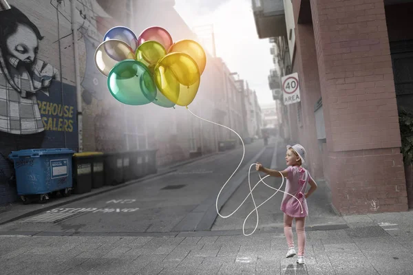 Child with balloons. Mixed media — Stock Photo, Image