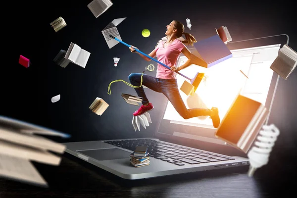 Woman doing funny cleaning. Mixed media — Stock Photo, Image