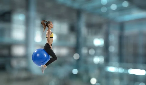 Sporty woman on fitness ball. Mixed media — Stock Photo, Image