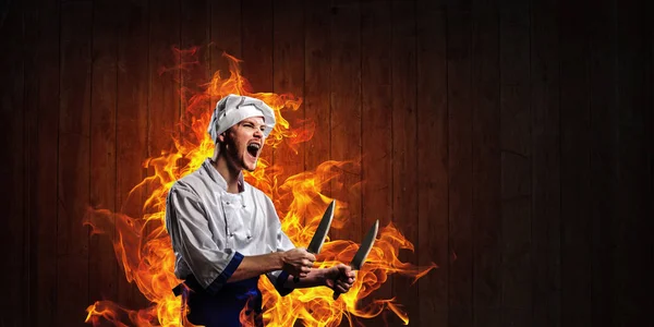 He is crazy about cooking. Mixed media — Stock Photo, Image