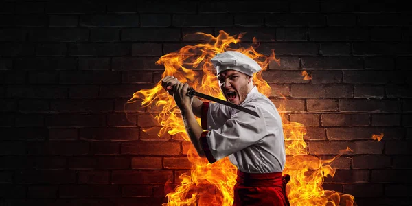 He is crazy about cooking. Mixed media — Stock Photo, Image