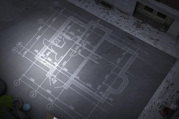 Construction drawings on floor . Mixed media — 图库照片