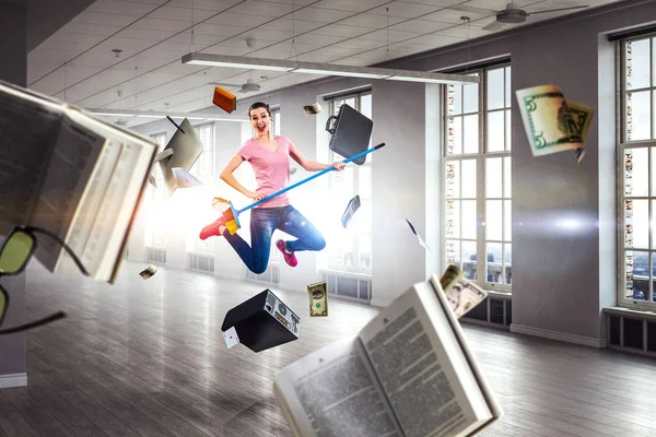 Woman doing funny cleaning. Mixed media — Stock Photo, Image