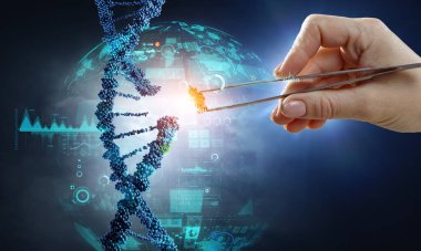 Kadın eli kıskacı olan DNA molekülleri dizaynı. Karışık ortam