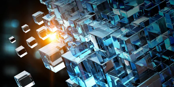 Floating shiny cube network . Mixed media — Stock Photo, Image