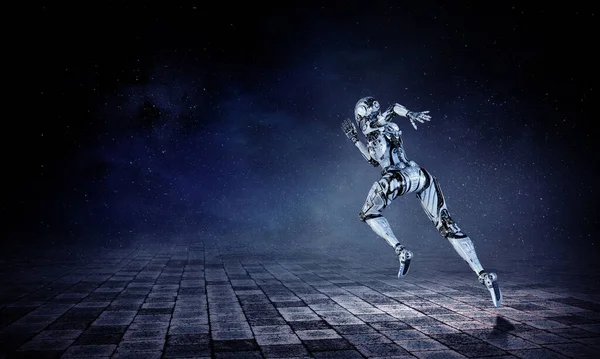 Cyborg Silver Running Frau. Gemischte Medien — Stockfoto