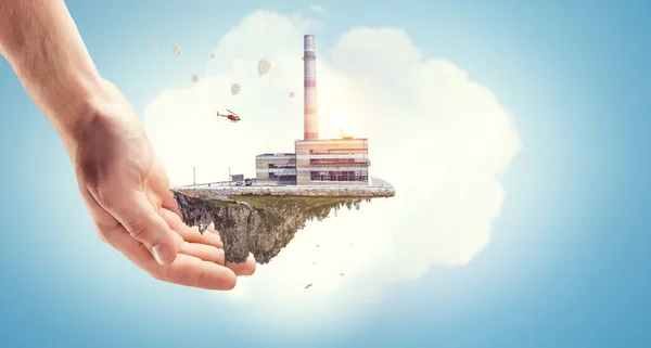 Industrial landscape with chimneys floating — Stock Photo, Image