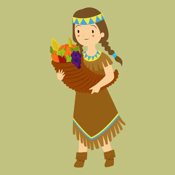 Danksagung für einheimisches Mädchen mit Fruchthorn — Stockvektor