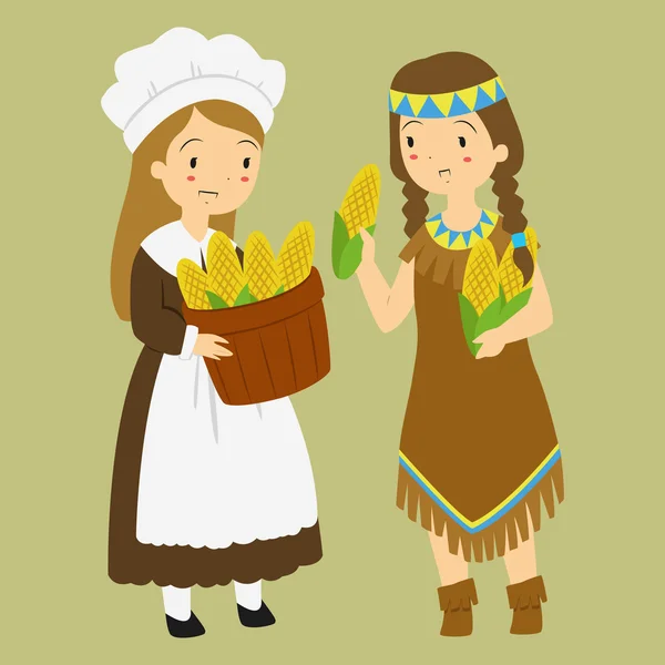 Thanksgiving Pilgrim and Native Girl Harvesting Corn — Stock Vector