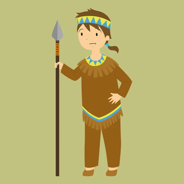 Niño nativo de Acción de Gracias sosteniendo una lanza — Vector de stock