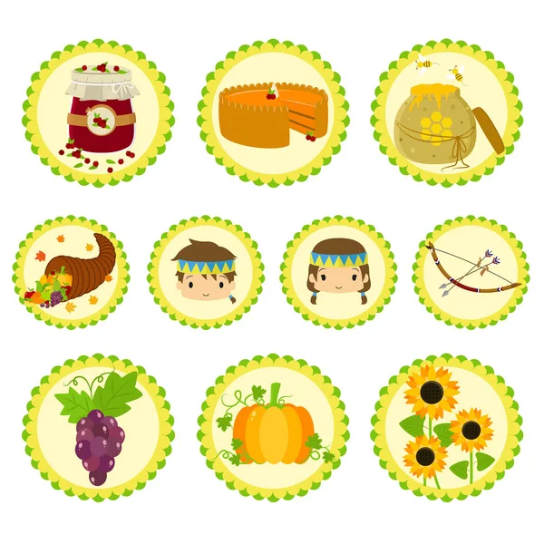 Set di icone per personaggi e oggetti nativi del Ringraziamento . — Vettoriale Stock