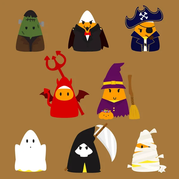 Conjunto de vectores de disfraces de Halloween de maíz caramelo — Vector de stock