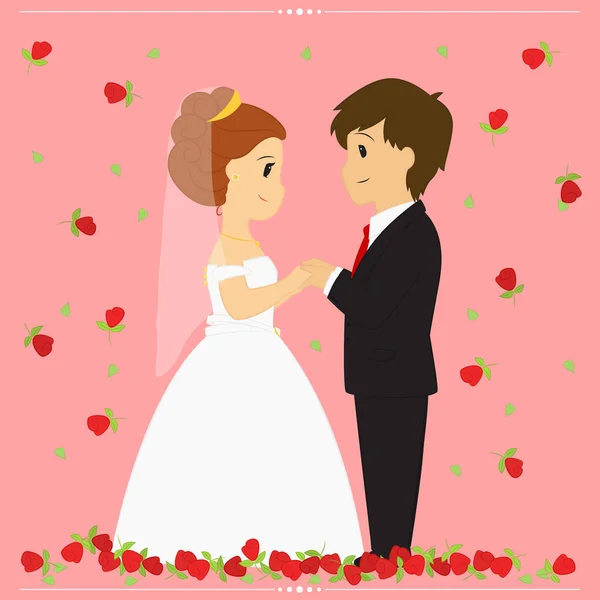 Векторная иллюстрация невесты и жениха окружена падающими красными розами на розовом фоне — стоковый вектор