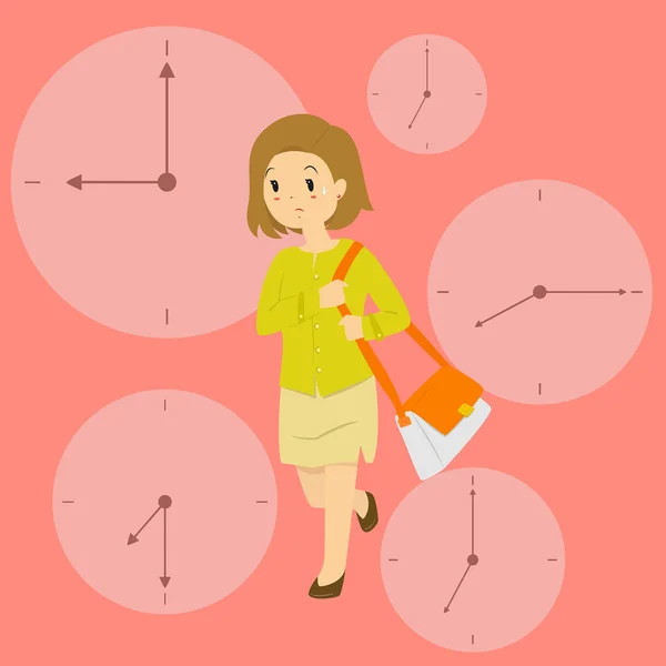 一个迟到的工作矢量图和时钟背景的女商人 — 图库矢量图片