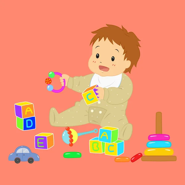 Baby Boy Playing with His Toys Vector — Stock Vector