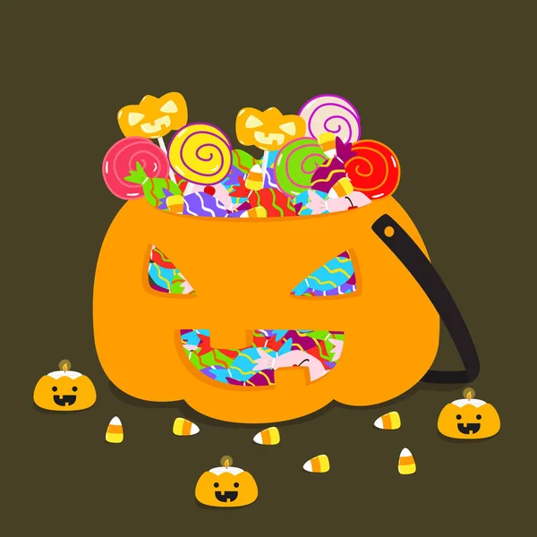 Halloween Jack o balde lanterna cheia de doces ilustração vetorial . — Vetor de Stock