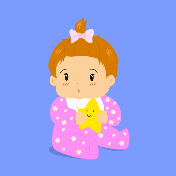 Χαριτωμένο μωρό κορίτσι κρατώντας ένα αστέρι Plushtoy — Διανυσματικό Αρχείο