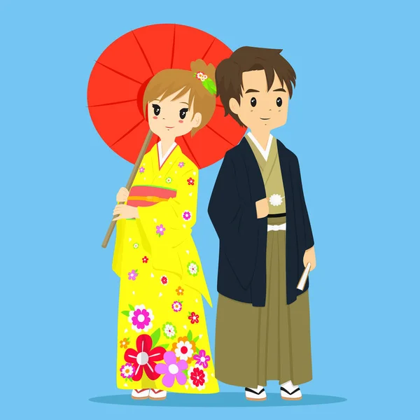 Японская пара в традиционном кимоно — стоковый вектор