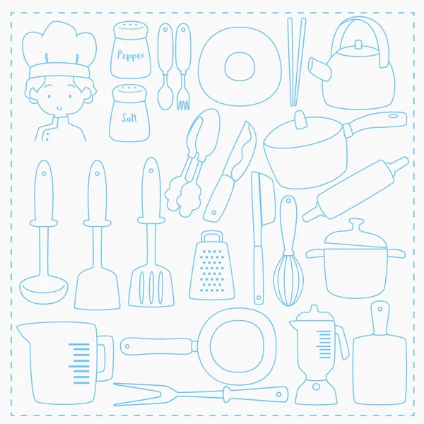 Şef ve mutfak mutfak eşyaları çizgi vektör Set