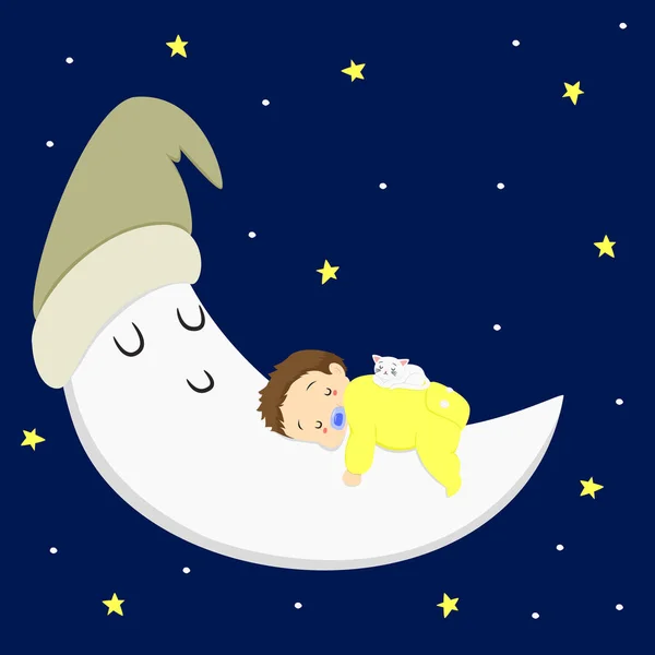 Bébé garçon et chat dormir sur la lune — Image vectorielle