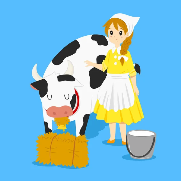 Milkmaid and Cow Vector — Stock Vector
