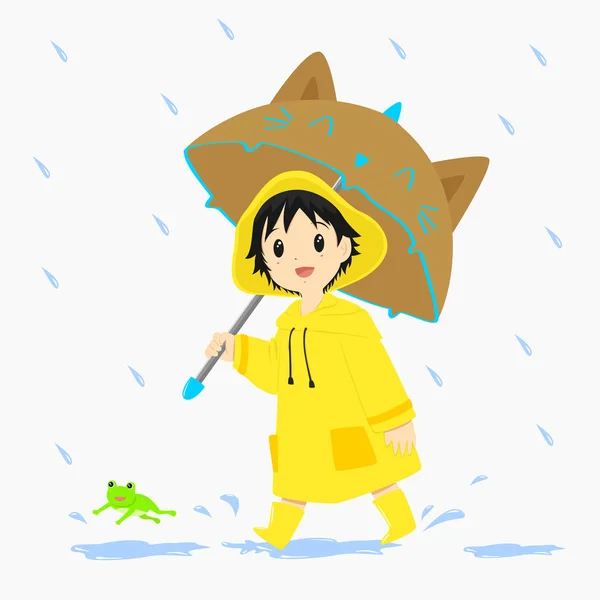 Pequeño niño caminando bajo la lluvia — Vector de stock