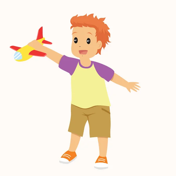 Little Boy Playing Toy Plane Cartoon Vector — Stock Vector