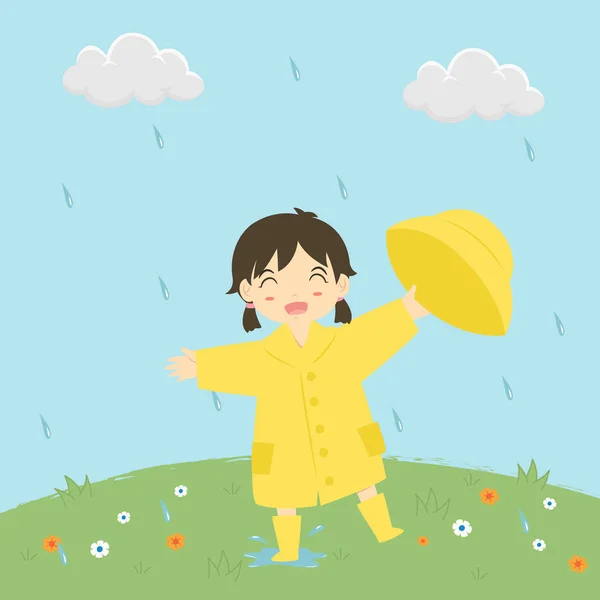 雨のベクトル図の下で遊ぶ少女 — ストックベクタ