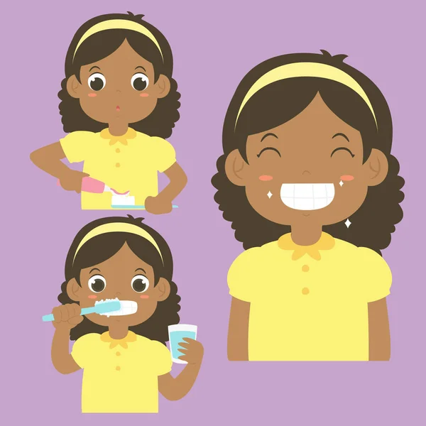 Girl Brushing Teeth Activity Vector Collection - Stok Vektor