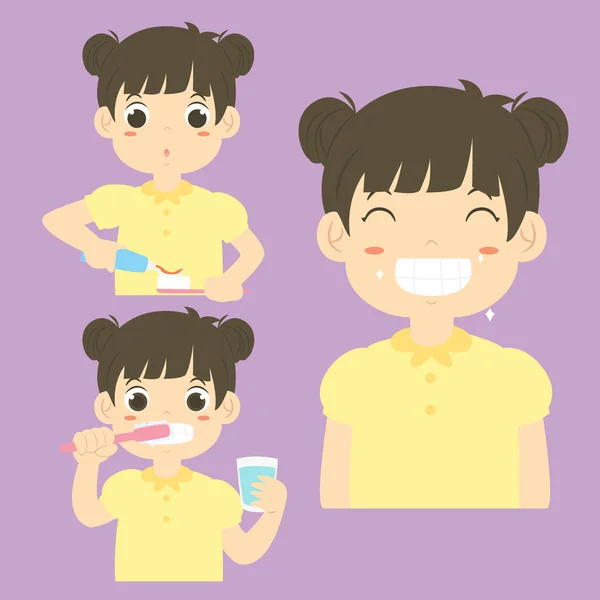 Girl Brushing Teeth Activity Vector Collection - Stok Vektor