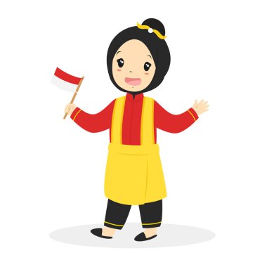 Aceh Girl Holding Indonesian Flag Traditional Dress Cartoon Vector  clipart