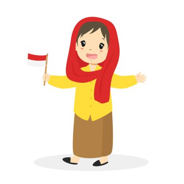 Jakarta, Betawi Endonezya bayrağı karikatür vektör tutan kız 
