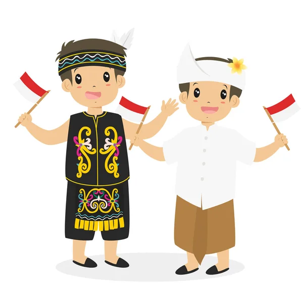 Dayak y Bali Niños sosteniendo bandera indonesia Vector de dibujos animados — Vector de stock