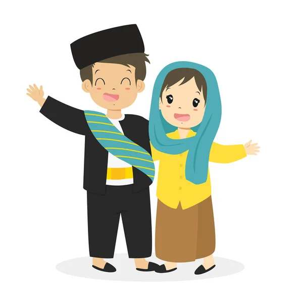 Betawi, Jakarta geleneksel kıyafet karikatür vektör çocuklar 