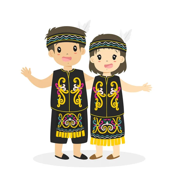Niños en Dayak Vestido tradicional Vector de dibujos animados — Vector de stock