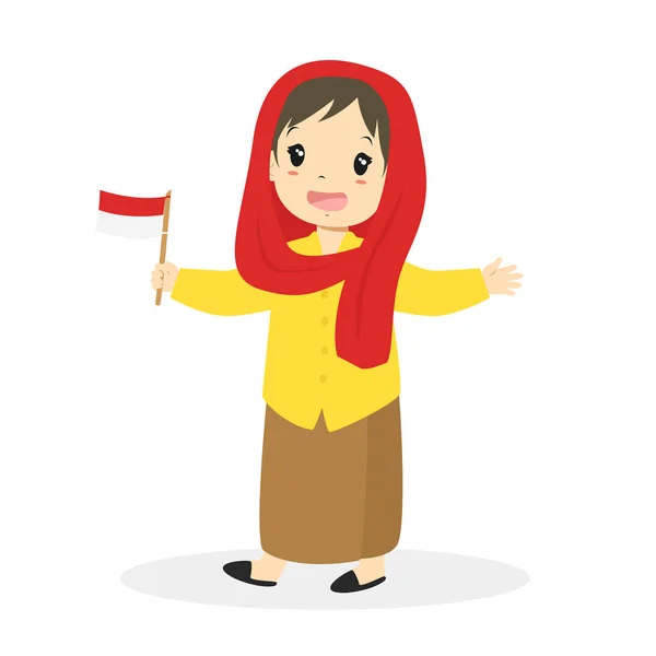 Jakarta, Betawi Fille tenant le drapeau indonésien Dessin animé vecteur — Image vectorielle