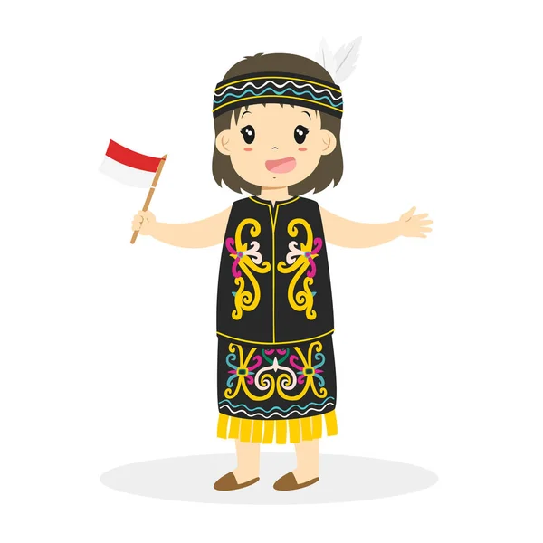 Chica Dayak sosteniendo bandera indonesia Vector de dibujos animados — Vector de stock