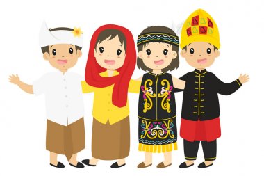 Indonesian Kids Wearing Traditional Dress Cartoon Vector  clipart