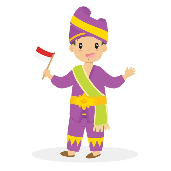 Padang Boy sosteniendo bandera indonesia vestido tradicional Vector de dibujos animados — Vector de stock