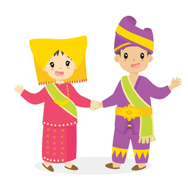 Kids in Padang Traditional Dress Cartoon Vector — Stock Vector